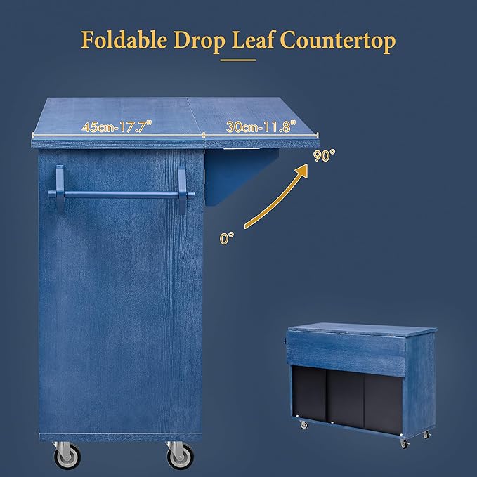 51.2" W 3D Wave Stripes Ash Veneer Kitchen Island with Drop Leaf, Farmhouse Kitchen Island on Wheels with Internal Storage Rack, Rolling Cart, Not Cheap Paper, Navy Blue