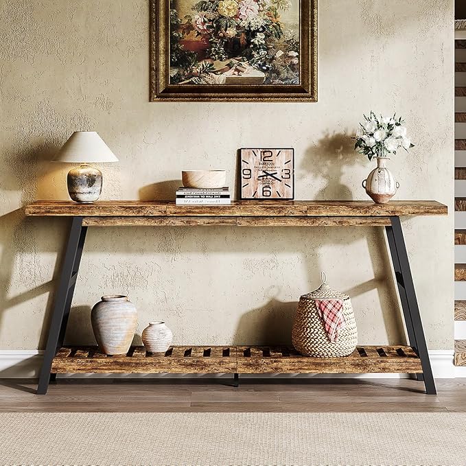 ChooChoo 70.9 Inch Long Console Tables for Entryway, Wood 2-Tier Entry Hallway Table, Narrow Sofa Table Behind Couch Table for Living Room, Entrance, Rustic Brown