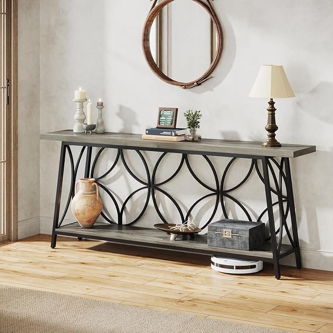 70.9-Inch Sofa Table, 2-Tier Narrow Console Table with Storage for Entryway, Living Room, Hallway, Foryer, Geometric Pattern Design (Grey)