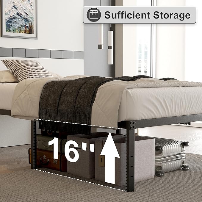 18 Inch California King Bed Frame with Black Bed Cover, Metal Cal King Bed Frame No Box Spring Needed, Heavy Duty Mattress Foundation, Easy Assembly, Noise Free