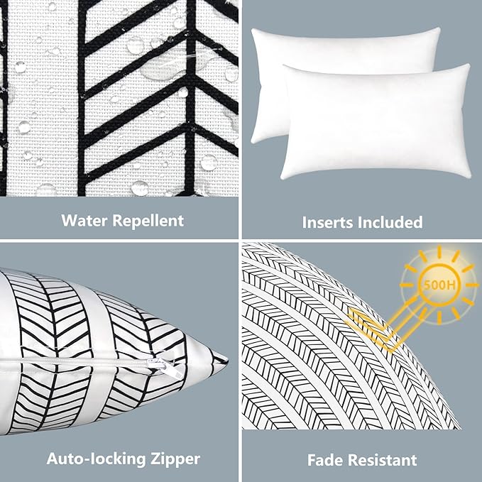 LVTXIII Set of 2 Patio Lumbar Pillows, 12”x20” Fade Resistant Outdoor Lumbar Pillow with Inners, Fluffy Decorative Garden Lumbar Cushions for Home Patio Coach Sofa Use, Herringbone Black White