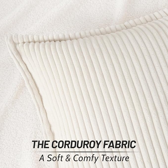 Mecatny Corduroy Throw Pillow Covers 22x22 Set of 2, Neutral Decorative Soft Boho Couch Pillow Covers with Broadside for Sofa Living Room, Cream White