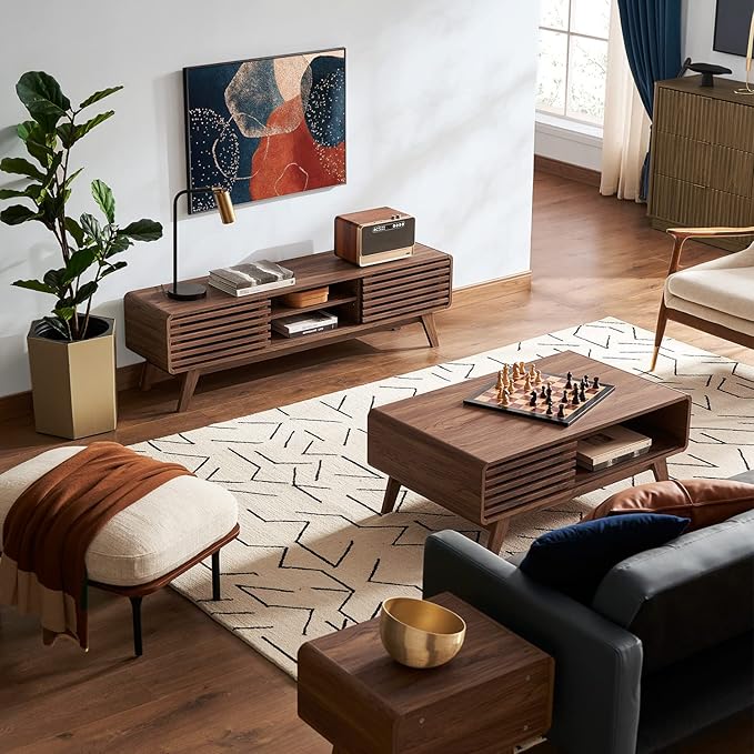 mopio Ensley Coffee Table, Mid Century Modern Table with Storage, Farmhouse Wood Coffee Table for Living Room Fluted (Walnut)