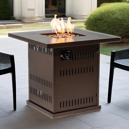 28" Propane Gas Fire Pit Table, 50000 BTU Imitation Wood Grain Finish Square Fire Pit with Lid & Volcanic Stones 2 in 1 Fire Pit Table Rock for Outside Patio Deck Garden Courtyard