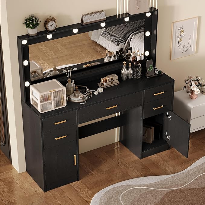 44.8" Large Vanity Desk with Lighted Mirror & Power Outlet, Black Makeup Vanity Desk with Mirror and Lights, Black Vanity Table with 5 Drawers and 2 Cabinets, Dressing Table for Bedroom