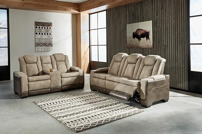 Signature Design by Ashley Next-Gen DuraPella Power Reclining Loveseat with Console & Adjustable Headrest, Sand