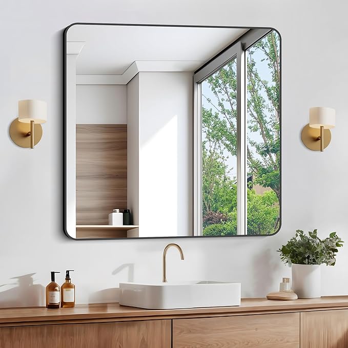 Bathroom Mirror, 36"x36" Black Square Wall Mirror, Metal Frame Rounded Corner Vanity Mirror, Large Wall Mounted Mirror for Modern Bedroom Living Room Horizontal Or Vertical Mounting