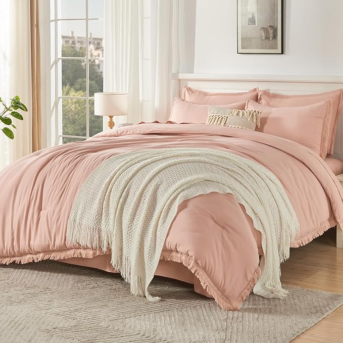 Andency Pink Queen Size Comforter Set with Sheets - 7 Pieces Boho Tassel Bed in a Bag Soft Lightweight Bedding Sets, Pink Fringe Bed Set with Comforter, Sheets, Pillowcases & Shams