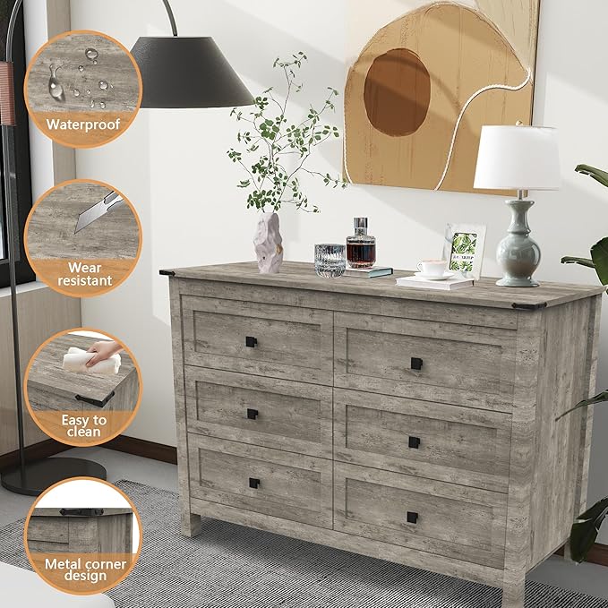 Wood 6 Drawer Dresser & 2 Nightstand Set for Bedroom, Wide Drawer with Farmhouse Handle for Bed Room, Hallway, Rustic Grey
