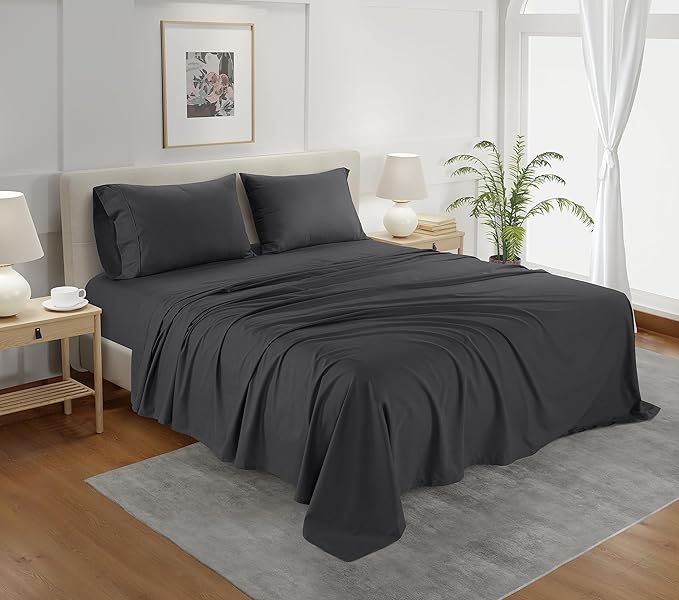 100% Cotton Sheets King Size Sheets Set with Fitted Sheet & Pillowcase Sets, 800 Thread Count Sateen Weave 4 piece Deep Pocket King Sheet Set, Soft & Comfy Naturally Cool Luxury Bedding- Charcoal