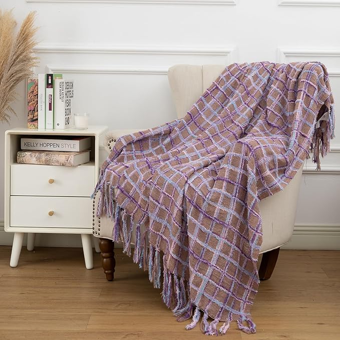 Gealaek Boho Throw Blanket Lightweight Fuzzy Soft Cozy Decorative Blankets for Sofa Bed Farmhouse Throw Blanket Mexcican Blanket with Tassel Khaki Purple Pink Textured 50" x 60"
