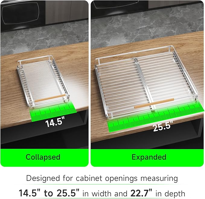 Expandable Pull Out Drawers for Cabinets, Kitchen Cabinet Slide Out Shelves, Adjustable Roll Out Drawers, Stainless Steel, Large 2 Pack, (14.5"-25.5") Cabinet Width x 22.7" Depth