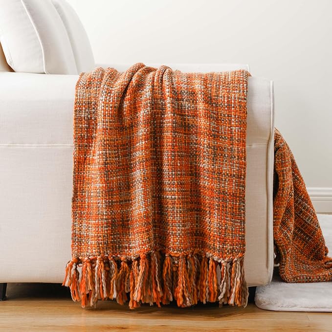 BATTILO HOME Rust Orange Throw Blanket for Couch, Bed, Boho Colorful Throw Blanket with Tassels, Halloween Decor, Fall Throw Blankets for Home Decor, 50"x60"