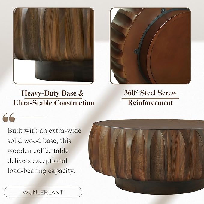 31.5" Round Walnut Coffee Table - Mid Century Modern Solid Wood Coffee Tables with Fluted Design for Living Room, Small Space, Apartment (Walnut)