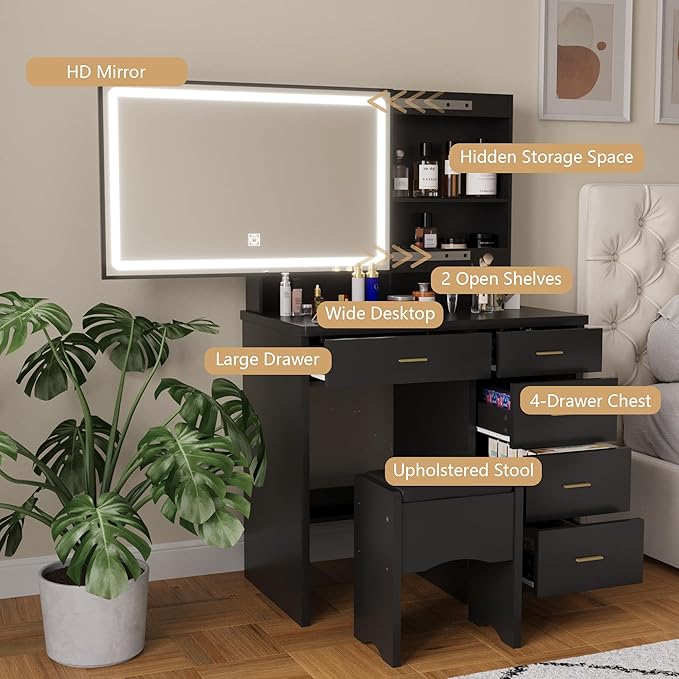 Makeup Vanity Desk with Mirror and Lights, Vanity Desk with 5 Drawers & Storage Shelves, Makeup Vanity Set with Cushioned Stool, 3 Modes Adjustable Sliding LED Mirror for Bedroom, Black