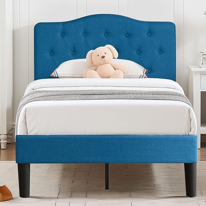 VECELO Twin Size Platform Bed Frame with Fabric Upholstered Headboard and Wooden Slats Support, No Box Spring Needed/Easy Assembly,Blue
