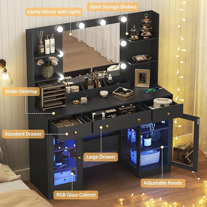 Large Vanity Desk with Mirror and Lights, Makeup Vanity with Mirror and LED Lights, RGB Cabinet & 3 Drawers, Makeup Desk with Storage Shelves, 3 Color Modes Dressing Table for Girls Bedroom, Black