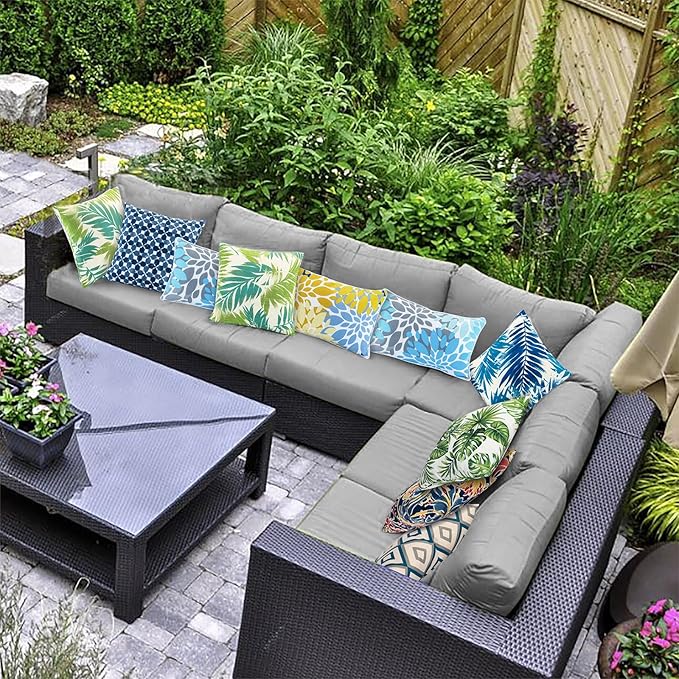 JMGBird 12×20 Inch Outdoor Lumbar Pillows Pack of 2 Colors Waterproof Throw Pillows with Insert Rectangular Decorative Garden Cushion for Home Furniture Patio Coach Sofa