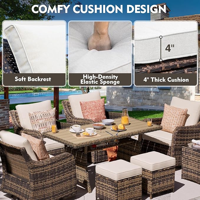 Outdoor Patio Furniture Set with Swivel Chairs, 8 Pieces Wicker Patio Conversation Set, Outdoor Patio Set with 2 Swivel Rocking Chair & 2 Single Chair, 2 Ottomans and Dining Table (Brown)