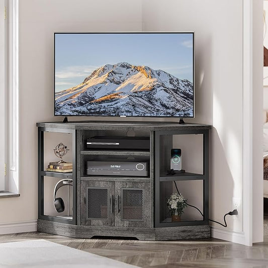 YITAHOME Farmhouse TV Stand with Power Outlet, Corner TV Stand for 55/50 Inch TV, Entertainment Center with Storage, TV Console Cabinet for Living Room, Grey Oak