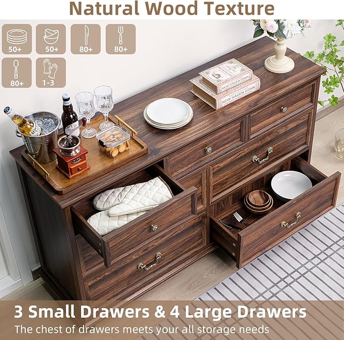 Farmhouse 54" 7 Drawers Dresser for Bedroom, Vintage Wood Chest of Drawers w/ 4 Wooden Legs, Wide Closet Storage Dressers Organizer for Hallway, Rustic Large TV Stand for Living Room, Brown