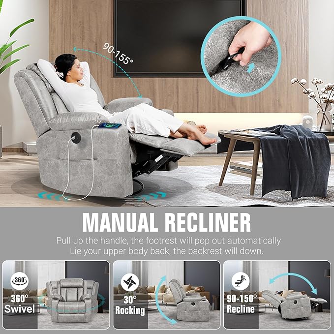 LEVELEVE Retro Rocking Recliner Chair, Massage Rocker Recliner Chair with Vibration Massage and Heat, USB and Type-C Ports,360° Swivel Chairs, Living Room, Bedroom, Nursery, RV, Light Grey