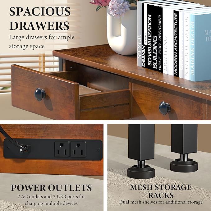 47" Entryway Table with Outlets: Console Table with 3 Wood Drawers and Storage Shelves, USB Ports, LED Light Strip for Sofa, Living Room, Hallway, Foyer, Couch, TV and Aquarium Stand