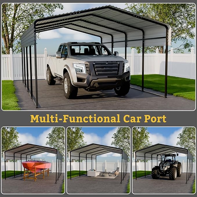 Metal Carport 10 * 15 FT with Enhanced Base Heavy Duty Garage with Galvanized Steel Roof Multi-Use Shelter Outdoor for Car, Pickup, Boat and Tractors
