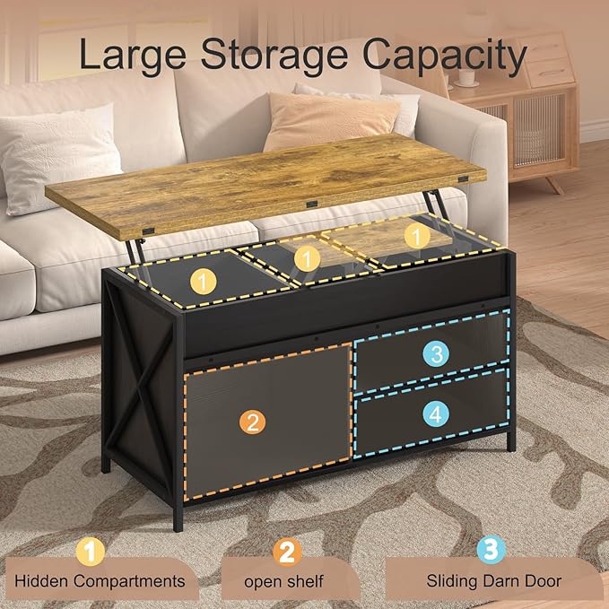 Lift Top Coffee Table with Storage and Sliding Door, 4 in 1 Multi-Function Convertible Tea Table with Hidden Compartment, Farmhouse Center Table with Wood Lift Tabletop for Living Room Black