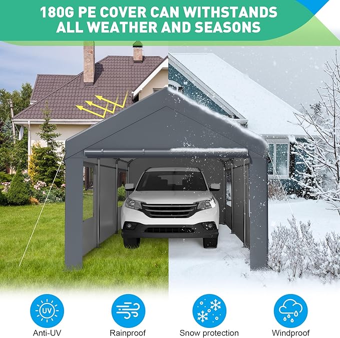 12x20 FT Heavy Duty Carport, Portable Garage with Sidewalls, Roll-up Windows, Carports 10x20 Heavy Duty for Car Boat Truck Motorcycle (Gray)