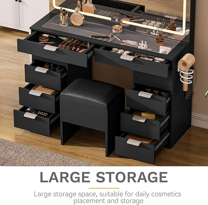 DWVO Vanity Desk with Large Mirror, 10-Drawer Glass Top Makeup Vanity, 3-Mode LED Lighting, Charging Ports and Stool
