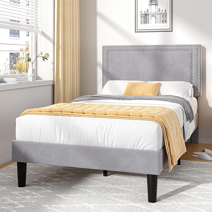 VECELO Twin Size Platform Bed Frame with Adjustable Upholstered Headboard, Strong Wood Slat Support, No Box Spring Needed, Easy Assembly