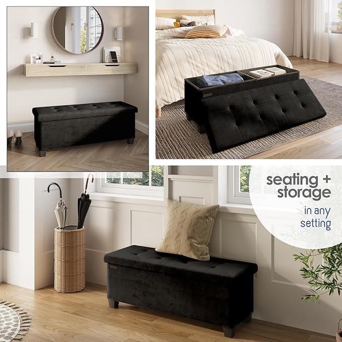 STORAGEBUD Storage Ottoman Bench with Bins, 43-in Storage Bench for Bedroom End of Bed, Folding Foot Rest Ottoman for Living Room Max 660lbs, Velvet Ottomans, Black