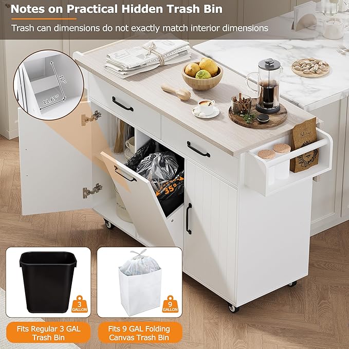 Kitchen Island with Storage & Drop Leaf, 51" Kitchen Rolling Island on Wheels with Spice Rack & Towel Rack, Kitchen Island Cart with Trash Can Storage, White