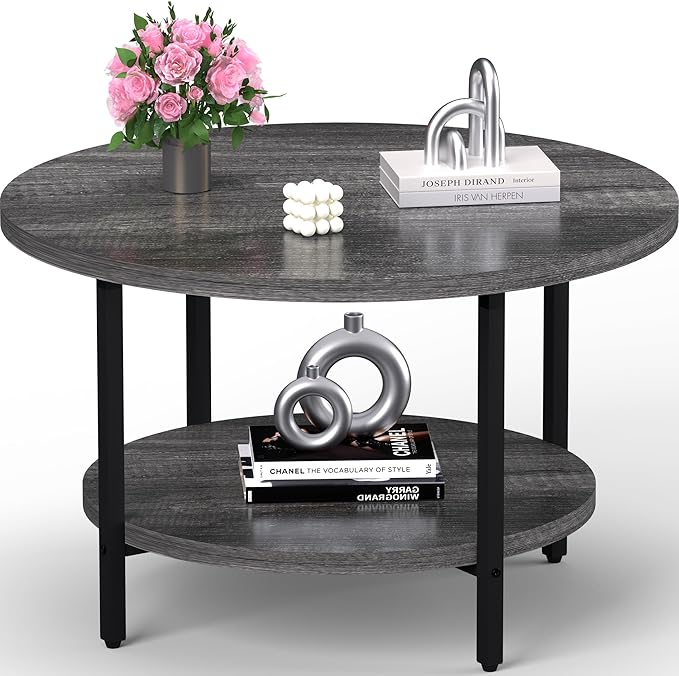 Coffee Table, 2 Tier Coffee Tables for Living Room, Round Coffee Table with Storage, Floor Table for Bedroom, Home Office, Dark Gray (27.6" D x 17.7" H)