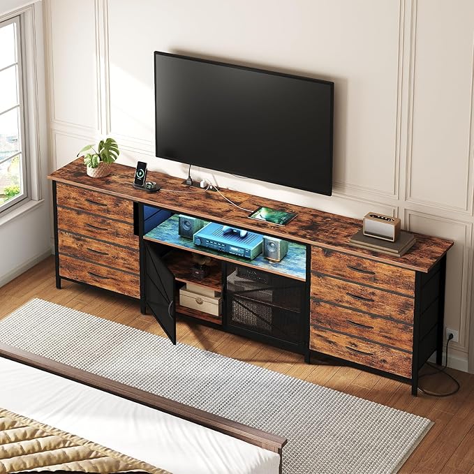 71" TV Stand Dresser for 85/80/75 Inch TV with Power Outlets and LED Lights, Long Dresser with 8 Fabric Drawers, Large Entertainment Center TV Console with Mesh Door for Bedroom, Rustic Brown
