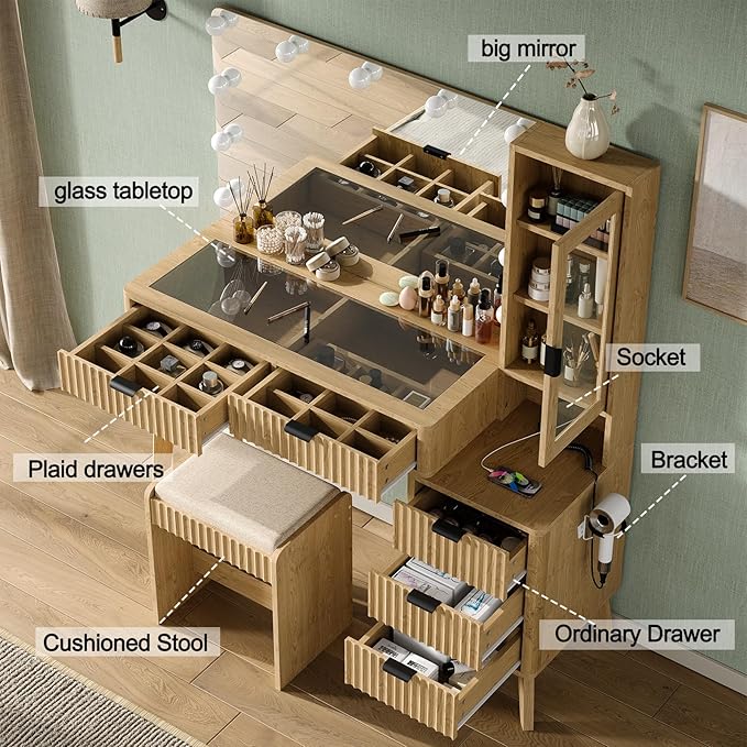 Vanity Desk with Mirror and Lights, 11 LED Lights Fluted Makeup Vanity Desk, 48" Big Modern Vanity Desk with 5 Drawers and Storage Shelves & Power Outlet, Glass Top for Bedroom, Oak