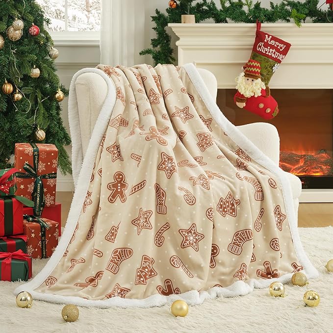 Cozy Bliss Christmas Sherpa Throw Blanket, Gingerbread Sugar Stick Throw Blankets Fluffy Thick Warm Plush Fuzzy Blanket for Couch, Bed and Gifts(60 * 80)