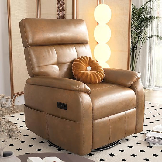 Claiks Power Swivel Rocker Recliner Chair, Oversized Recliner Chairs for Adults, PU Leather Overstuffed Reclining Chair with USB and Type-C Ports for Living Room, Brown