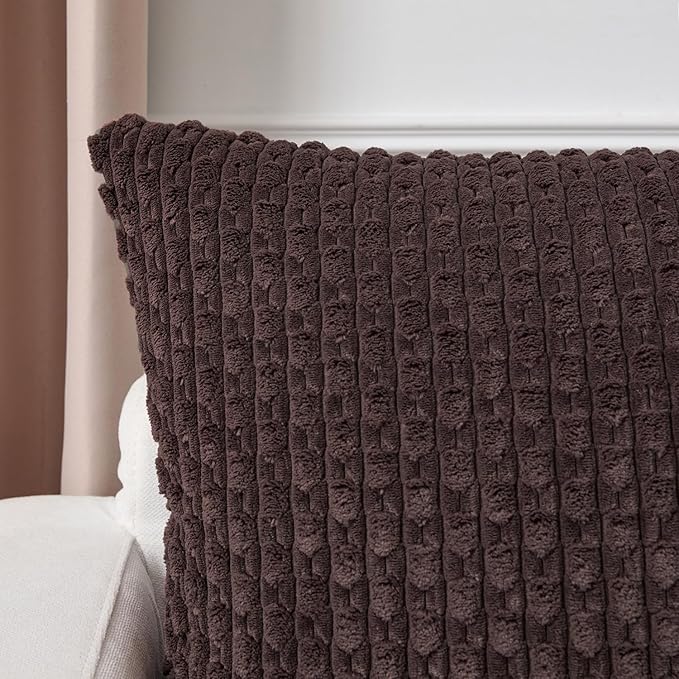 Kevin Textile Decorative Pillow Covers Set of 2 Striped Plush Corduroy Pillows Pillowcases Boho Home Decor Cushion Covers for Couch Sofa Bed Living Room 18x18 Inch, Coffee