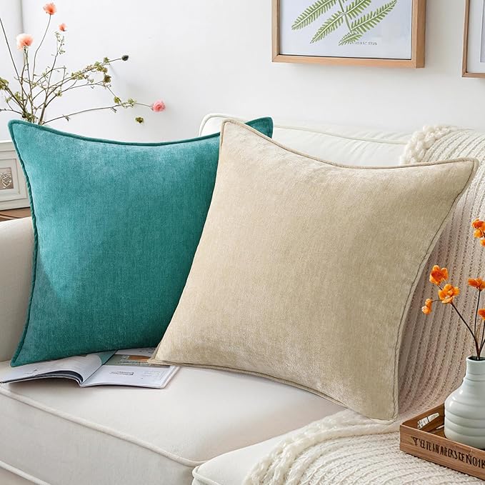 decorUhome Couch Throw Pillow Covers 26x26 Set of 2, Decorative Soft Euro Neutral Chenille Pillow Covers with Elegant Design for Sofa Bed Living Room Home Decor, Teal