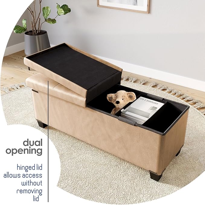 STORAGEBUD Storage Ottoman Bench with Bins, 43-in Storage Bench for Bedroom End of Bed, Folding Foot Rest Ottoman for Living Room Max 660lbs, Faux Leather Ottomans, Taupe