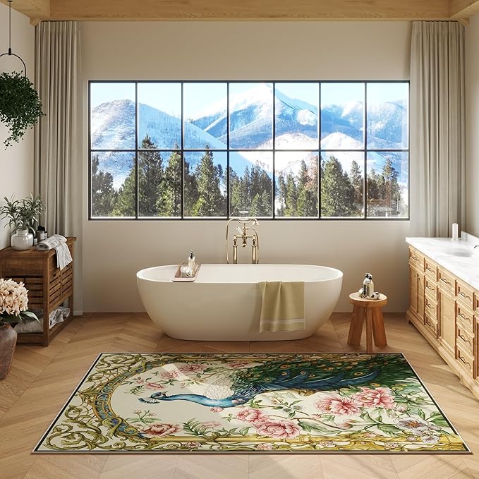 Area Rug 4x6 Rug Washable Floral Peacock Rugs Non Slip Low Pile Floral Animal Small Carpet for Bedroom, Bedside, Kids Room, Office, Dining Room (Beige)