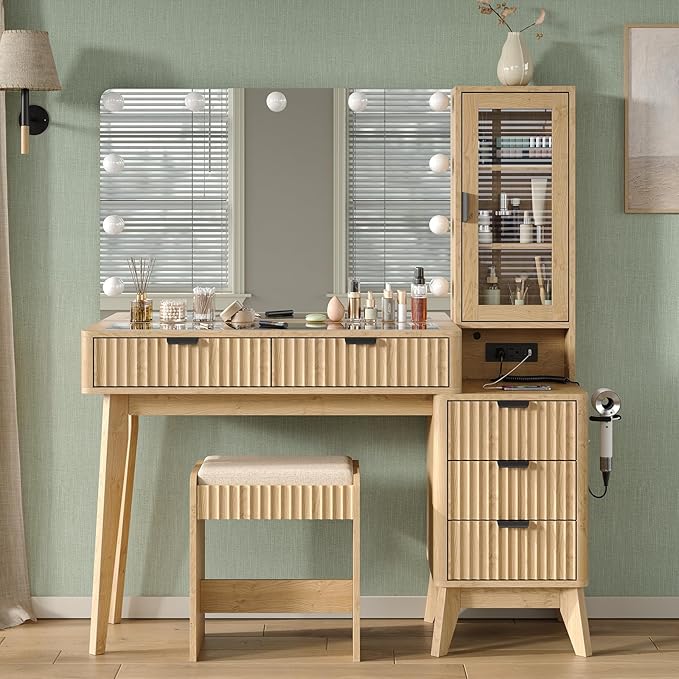 Vanity Desk with Mirror and Lights, 11 LED Lights Fluted Makeup Vanity Desk, 48" Big Modern Vanity Desk with 5 Drawers and Storage Shelves & Power Outlet, Glass Top for Bedroom, Oak