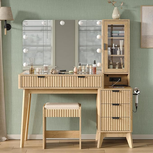 Vanity Desk with Mirror and Lights, 11 LED Lights Fluted Makeup Vanity Desk, 48" Big Modern Vanity Desk with 5 Drawers and Storage Shelves & Power Outlet, Glass Top for Bedroom, Oak