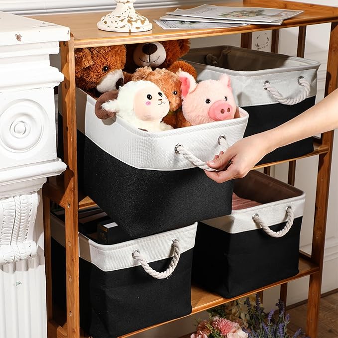 meekoo 8 Pack Collapsible Storage Bins Fabric Storage Bins Polyester Fabric Baskets with Handles Linen Closet Organizer for Shelf Home Closet Towels Toys(12 x 12 x 12 in,Black White)