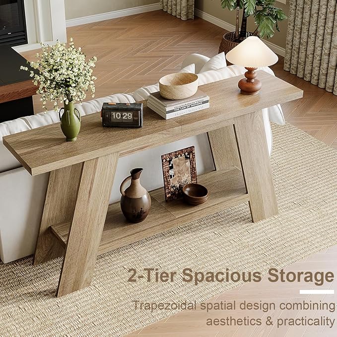 Treocho 63 Inch Long Farmhouse Console Tables for Entryway, 2-Tier Modern Wood Sofa Table with Shelf Behind Couch, Contemporary Narrow Entryway Table for Living Room, Hallway, Entrance, Walnut