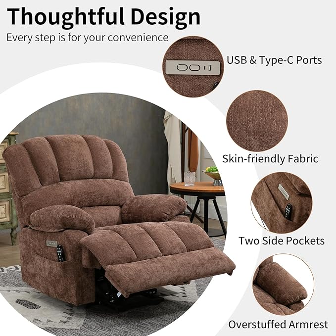 Power Lift Recliner Chair for Elderly People, Oversized Lift Recliner with Vibration Massage and Heat for Seniors with Charging Ports, Side Pockets, Chenille Fabric Brown