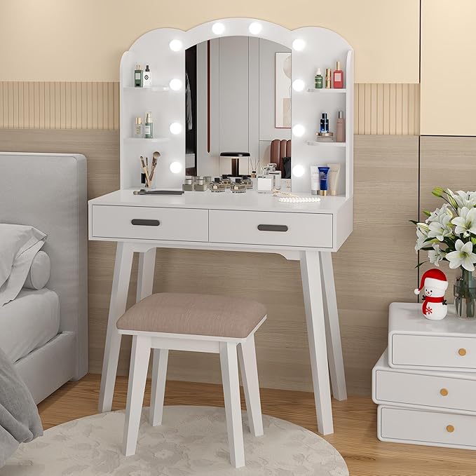 Makeup Vanity Desk with Mirror, Vanity Desk with Lights and Mirror, Makeup Vanity with Drawers and Chair White Vanity with Chair