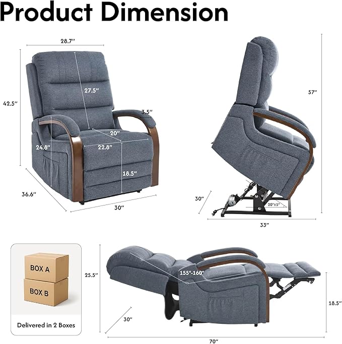FLEXISPOT Dual Motor Power Lift Recliner Chair for Elderly, Electric Lay Flat Reclining Chair with Massage & Heat, Side Pockets, Fabric Single Sofa for Living Room, Blue